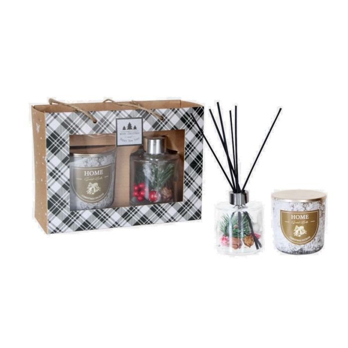 DKD Home Decor Ambientador Mikado Navidad Moderna Marrón, Set de 2 x 150ml con Vela y Varillas de Cristal (8x8x8cm)