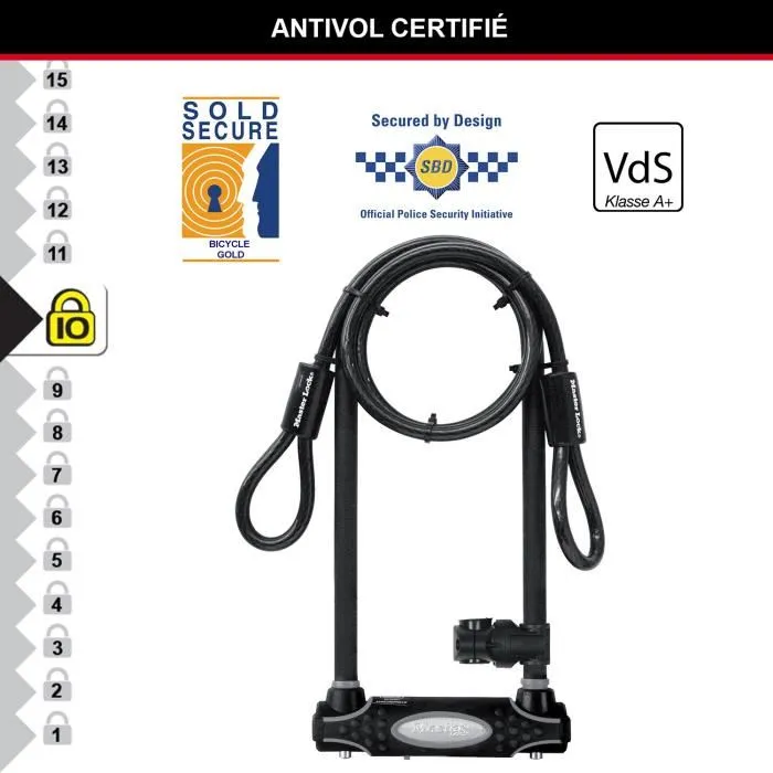 Master Lock Candado en U con Cable y Llave - Modelo XL - Acero Cementado, Doble Grillete, Cable 1.20m - Soporte Bicicleta 3