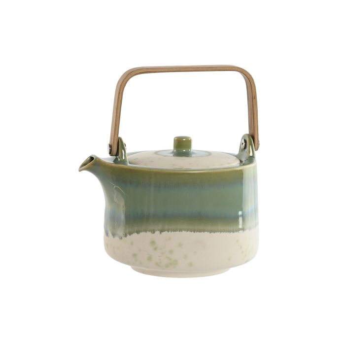 DKD Home Decor Jade 24 Tetera Porcelana y Bambú Verde Blanco 1L 14 x 18.5 x 16.5 cm