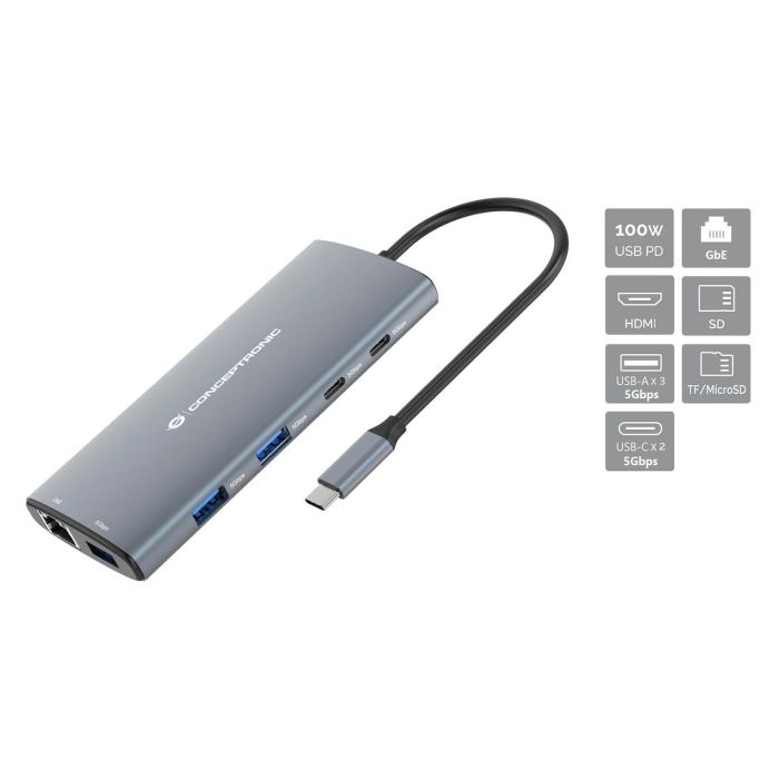 Conceptronic DONN06G Hub USB-C 10-en-1 con HDMI 4K, Ethernet Gigabit, 100W PD, 3xUSB-A, 3xUSB-C, Lector de Tarjetas - Gris 1 Conceptronic DONN06G Hub USB-C 10-en-1 con HDMI 4K, Ethernet Gigabit, 100W PD, 3xUSB-A, 3xUSB-C, Lector de Tarjetas - Gris 1
