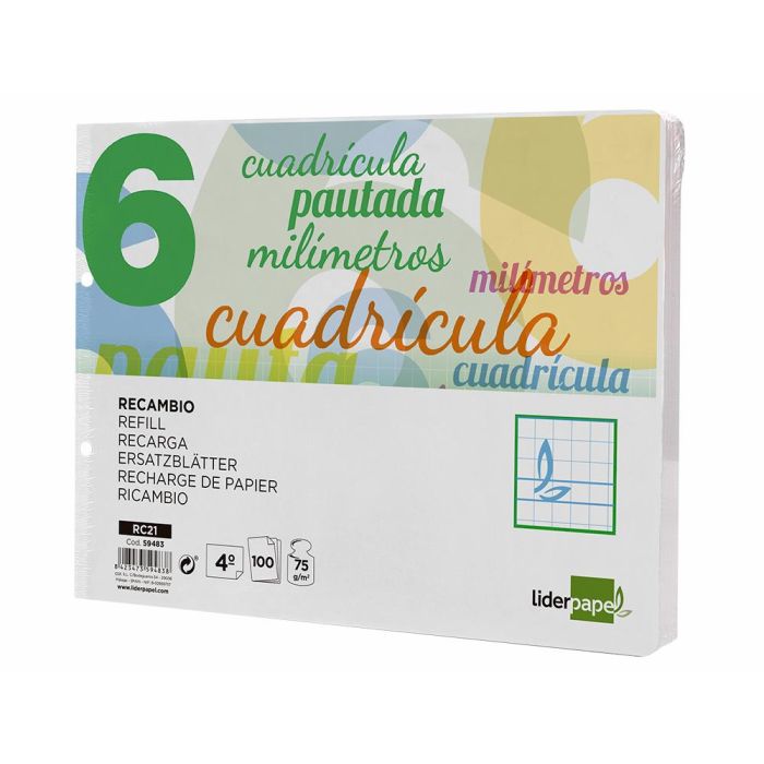 Recambio Liderpapel Cuarto Apaisado Pautaguia 100 Hojas 75 gr Cuadriculado Pautado 6 mm Con Margen 2 Taladros 2