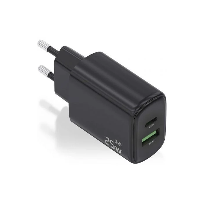 AISENS - CARGADOR 25W, 1xUSB-C PD3.0, 1xUSB-A QC3.0, NEGRO