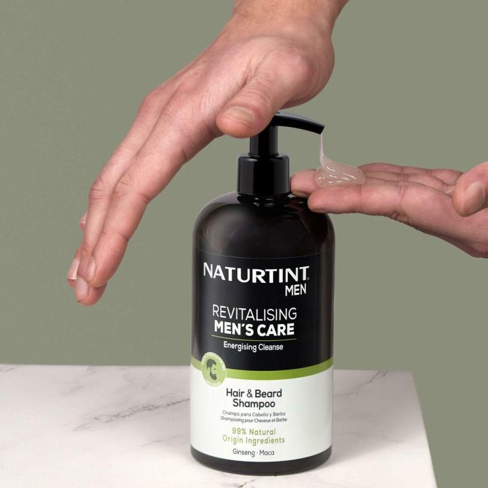 Naturtint REVITALISING MEN'S CARE champú para cabello y barba limpieza energizante con Ginseng y Maca 500 ml 1