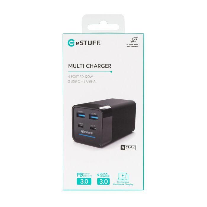 eSTUFF Cargador Multi PD GaN 120W 4 Puertos (2 USB-C, 2 USB-A) para Portátil y Tablet – Carga Rápida Inteligente 7