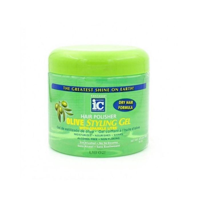 Ic Fantasia Hair Polisher Olive Styling Gel 454g - 16Oz. Alisa cabello rizado, fija y protege. Sin alcohol