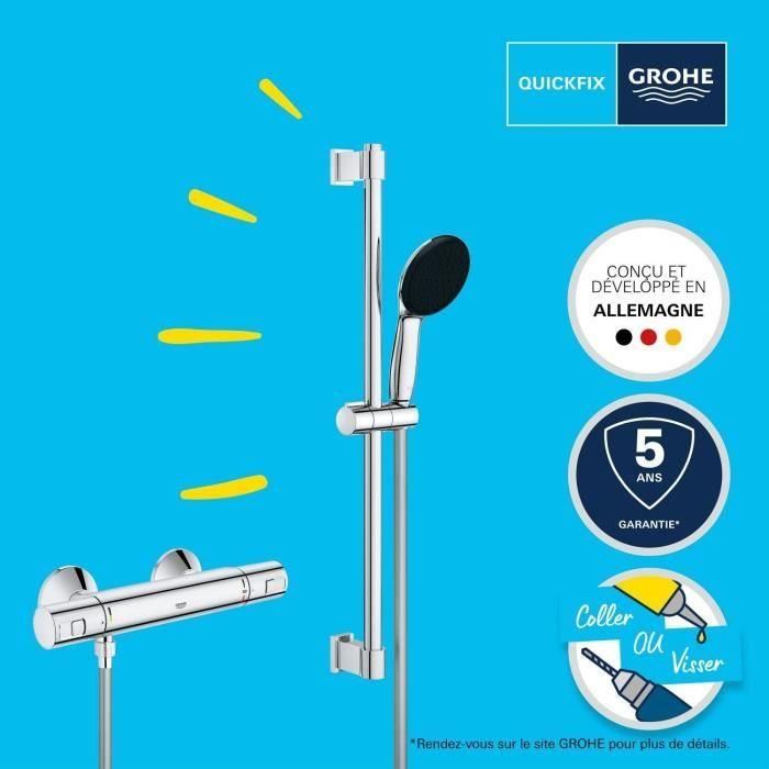 Conjunto de ducha con mezclador termostático, rociador de 1 chorro, barra de 60 cm y flexo - GROHE 34597001 - Ahorro de agua - Cromo 4