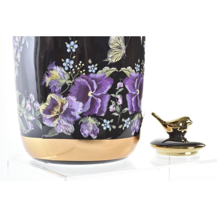 DKD Home Decor Jarrón Decorativo de Porcelana Negro Estilo Shabby Colección Fleur con Detalles de Flores 16 cm Ancho 16 cm Largo 32 cm Alto 1