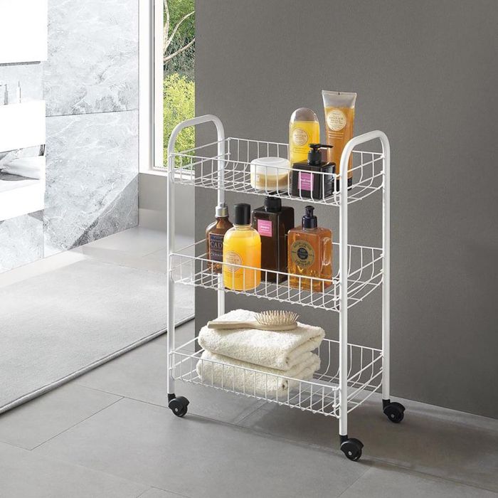 Metaltex Carro multiusos 3 estantes 41x23x63 cm con ruedas, alambre plastificado blanco LDPE 4 Metaltex Carro multiusos 3 estantes 41x23x63 cm con ruedas, alambre plastificado blanco LDPE 4
