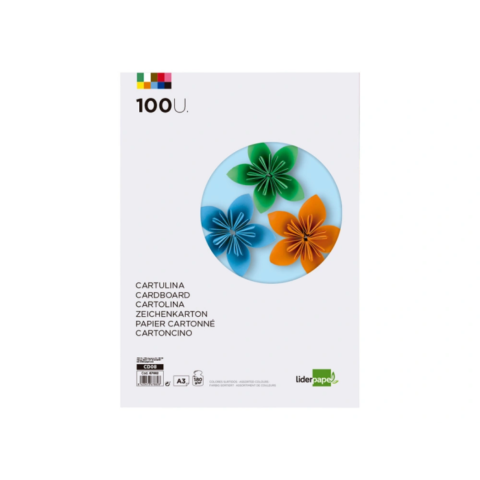 Liderpapel Cartulina A3 180g/m2 10 Colores Surtidos Paquete 100 Hojas 1
