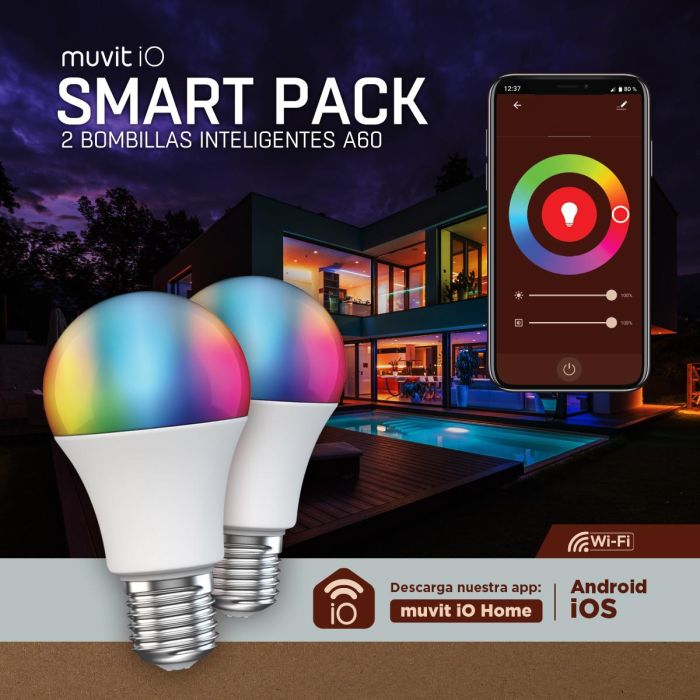 Muvit Bombilla inteligente LED multicolor y blanca A60 E27 9W, control por app muvit IO Home, compatible con asistentes de voz 4