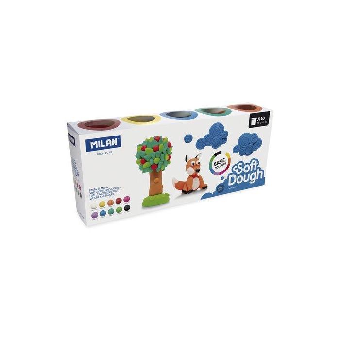 Milan Pasta de Modelar Soft Dough Básica, Blanda y Elástica, 10 Botes de 85g Colores Surtidos, Origen Vegetal