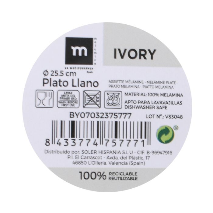 La Mediterranea Plato Llano Melamina Ivory 25.5 cm (24 Unidades) 1