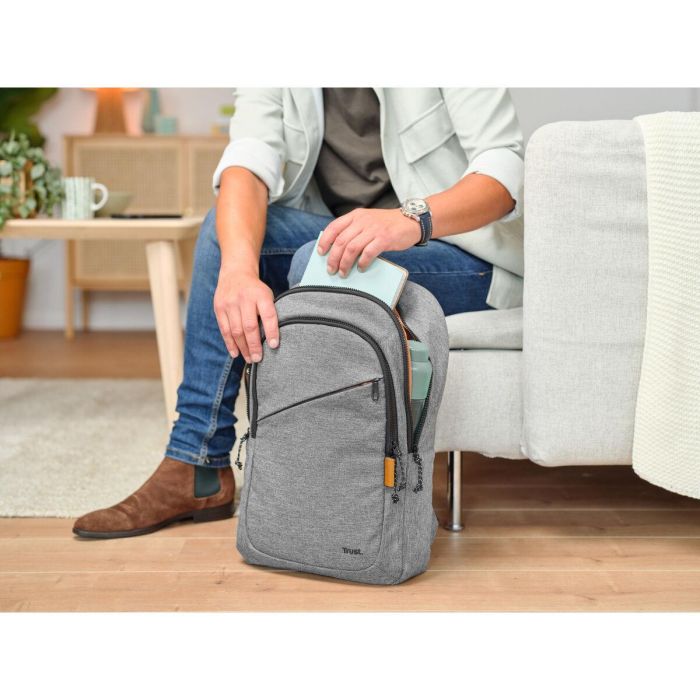 Trust 24981 Mochila Avana Portátil 16" Ecológica RPET 20L - Gris, Acolchada, Resistente a Golpes e Intemperie con Bolsillos 10