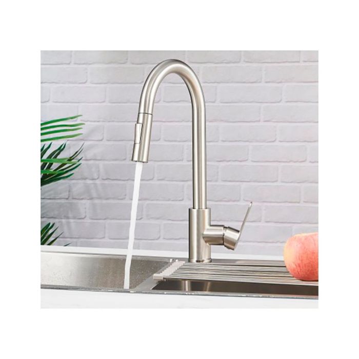 Grifo monomando de cocina caño alto extraible plateado mate serie miño 2