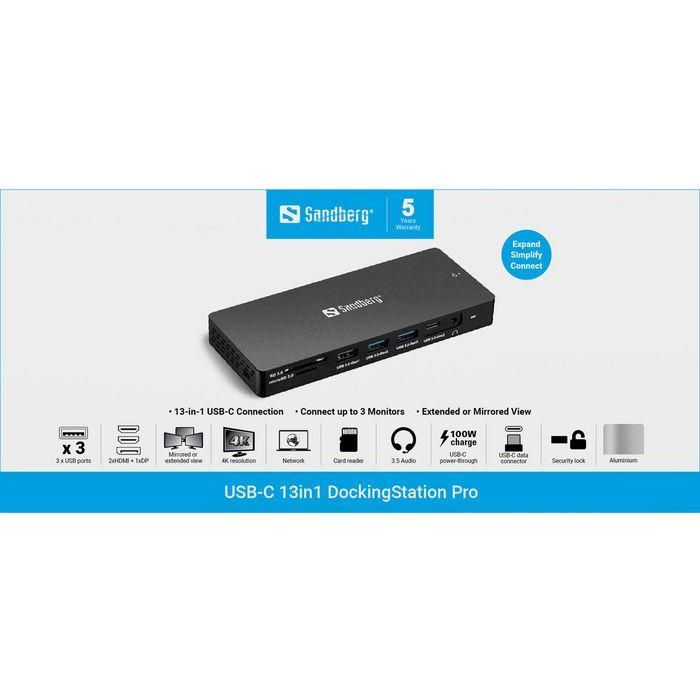 Sandberg Docking Station USB-C 13 en 1 Pro para Portátil, 100W PD, 4K HDMI/DP, Ethernet, USB 10Gbps, Lector SD, Audio 5