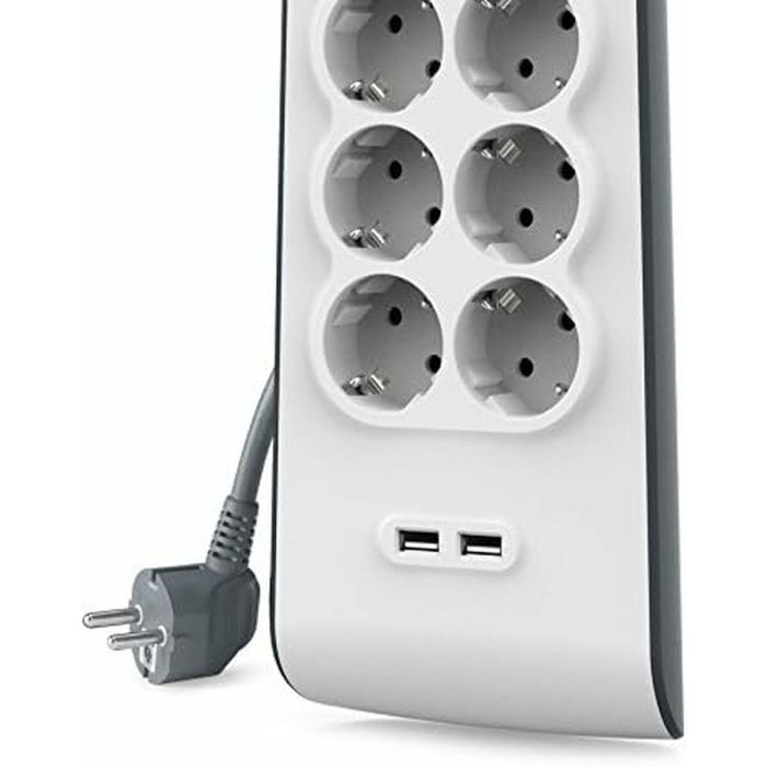 Belkin Regleta de Protección Contra Sobretensiones, 8 Tomas + 2 Puertos USB, 2.4A, 2m, Blanco-Gris