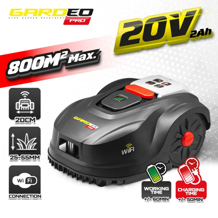 Gardeo Robot Cortacésped GRO20V20WIFI-2A 20V 800m² Programable con WiFi 1