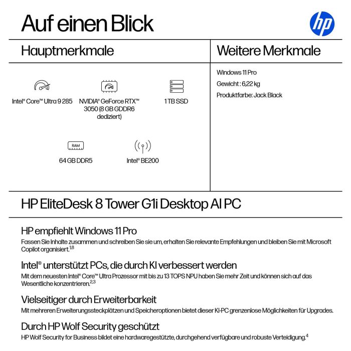 HP ELITEDESK 8 TWR G1I CU9-285/64GB/1TBSSD/RTX3050/W11Pro WLAN 11