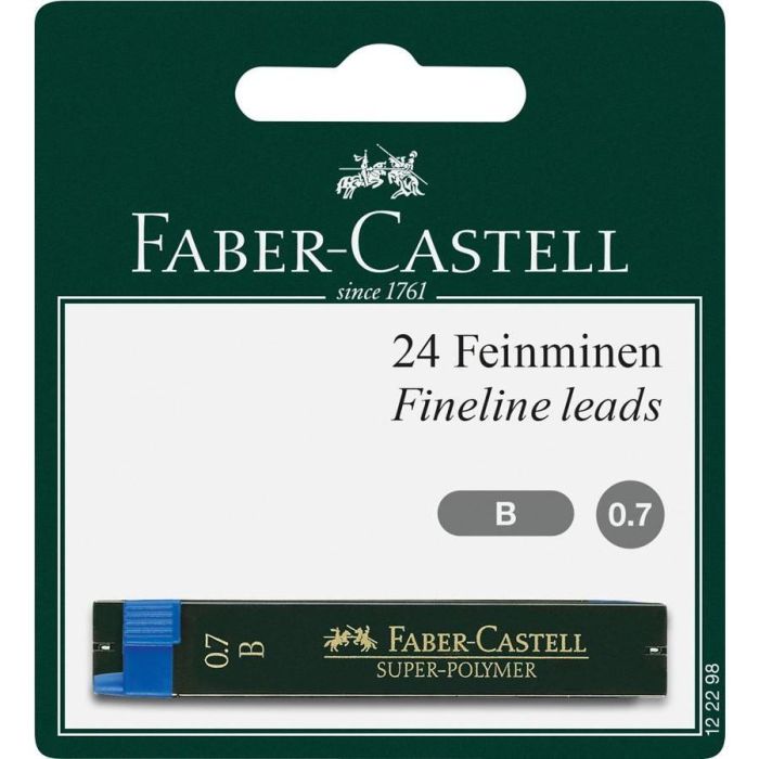 FABER-CASTELL 122298 Minas Super-Polymer B, 0.7mm, Negro, 12 Piezas, Resistentes a la Rotura
