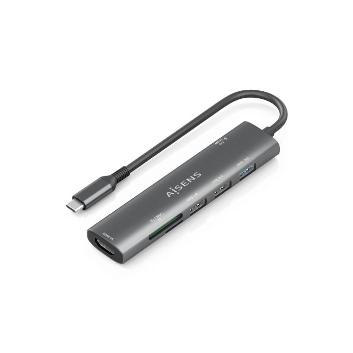 Aisens ASUC-7P027-GR Docking USB Tipo-C 7 en 1 HDMI 4K, Power Delivery 100W, 3xUSB, Lector Tarjetas SD/MicroSD Gris