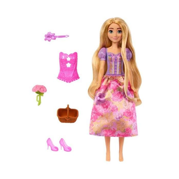 Muñeca princesa disney rapunzel spin and reveal. incluye 5 accesorios y 5 pegatinas.