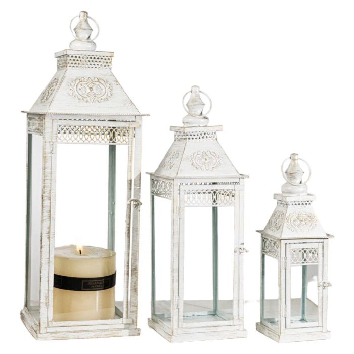 Set de faroles Romimex Blanco Metal Vidrio 23 x 68 x 23 cm 3 Piezas