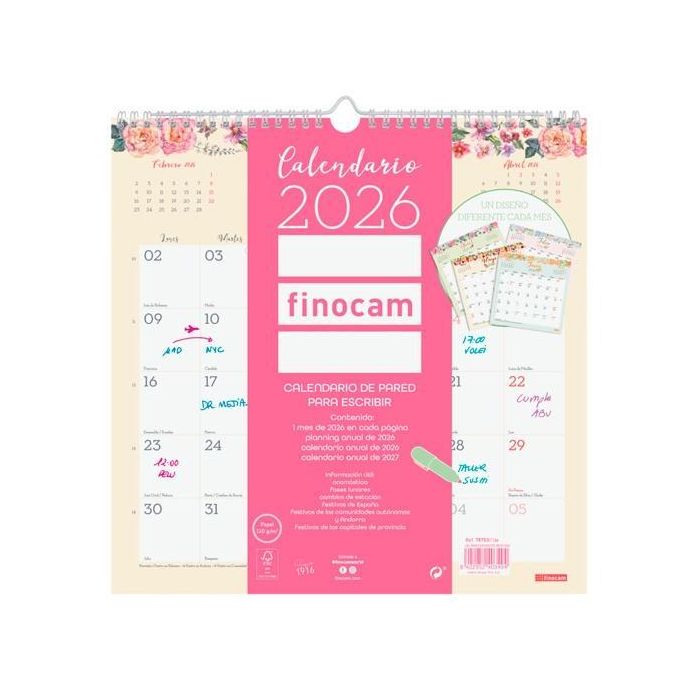Finocam Calendario de Pared 30x30 cm Mv Design 2026 Anual con Espiral y Colgador, Ideal para Hogar y Oficina