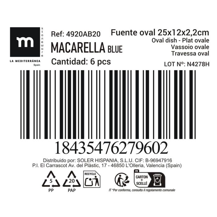 Fuente Oval Macarella Blue 25x12x2.2 cm - Inde (24 Unidades) 1 Fuente Oval Macarella Blue 25x12x2.2 cm - Inde (24 Unidades) 1