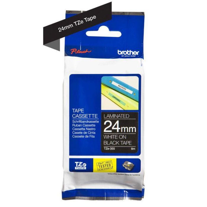 Brother Cinta Rotuladora Laminada Texto Blanco Sobre Negro 24 mm x 8M TZe355 2 Brother Cinta Rotuladora Laminada Texto Blanco Sobre Negro 24 mm x 8M TZe355 2