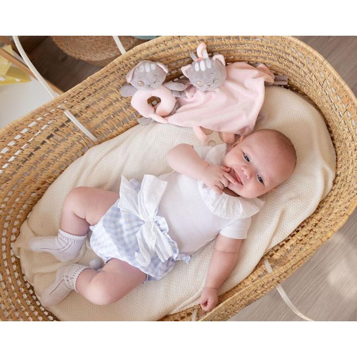 KioKids Set Doudou y Sonajero Gatito Rosa Suave, para Bebé +0 Meses con Mordedor y Sonidos, ayuda a conciliar el sueño 1