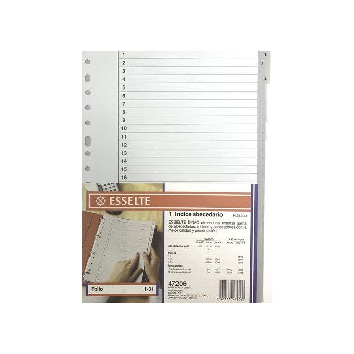 Indice Esselte Pp Numerico Fº Pestañas 1-31 16 Taladros Gris Con Ind.Col.