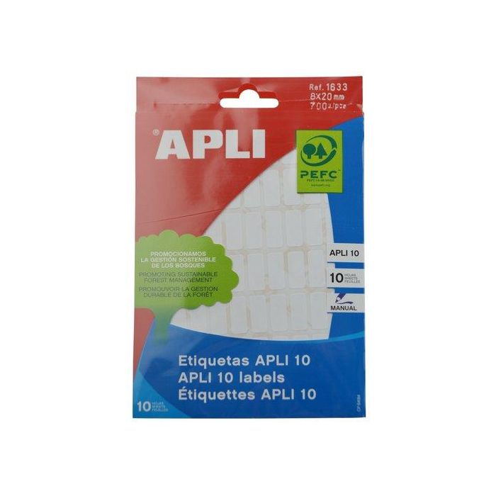 Apli Etiquetas Adhesivas Blancas 8x20 mm, Escritura Manual, Pack 10 Hojas (700 Etiquetas), Adhesivo Permanente