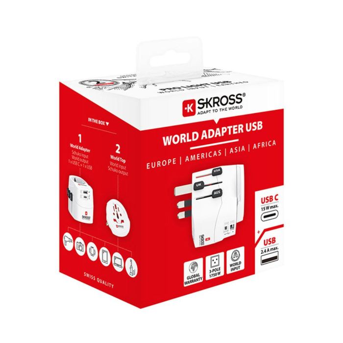 Skross 1302472 Set 2 Multi Adaptadores de Viaje Universal Suiza UK/US/AU/China con USB-C y USB-A para Aparatos con/sin Toma Tierra 3 Skross 1302472 Set 2 Multi Adaptadores de Viaje Universal Suiza UK/US/AU/China con USB-C y USB-A para Aparatos con/sin Toma Tierra 3