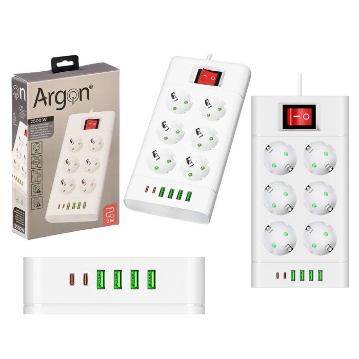 Argon Regleta Multifunción 6 Enchufes con Interruptor 2500W Blanco Cable 2m 24.5x5x18 cm (Set de 8)