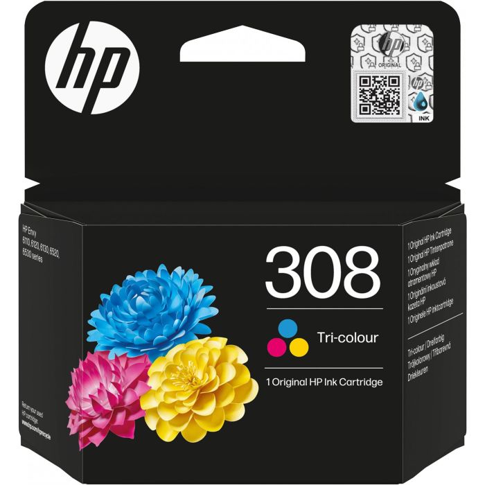 HP Cartucho de Tinta Original 308 Tricolor, Rendimiento Estándar 120 Páginas Cian/Magenta/Amarillo para Envy 6110e/6520e