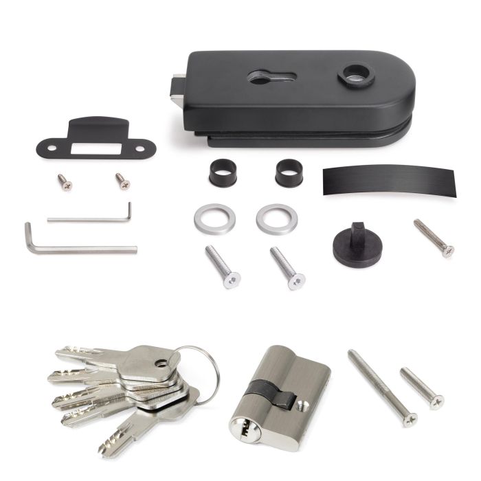 Emuca Cerradura para puerta de cristal con marco de madera, bombillo con llaves, puerta vidrio 8-12mm, acero y aluminio, pintado negro