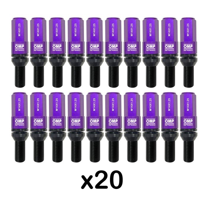Omp OMPS09971411 Juego 20 Tornillos Rueda Aluminio Color Negro Protector Morado M14x1.25 Llave 17-19 Largo 28mm 4