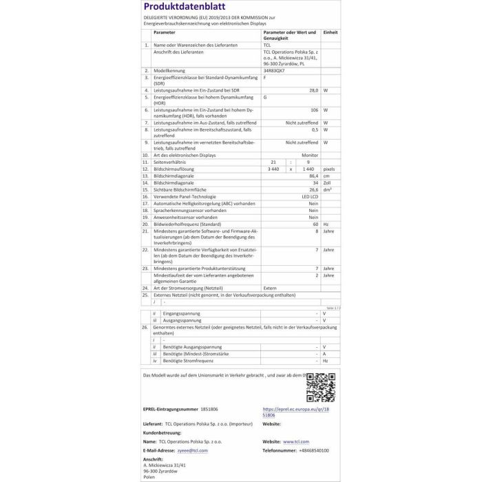 Monitor TCL 34R83Q LCD 37" Monitor TCL 34R83Q LCD 37"