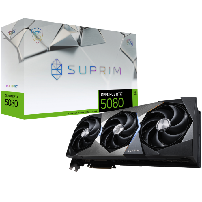 MSI SUPRIM GeForce RTX 5080 16GB GDDR7 16G SOC - Tarjeta Gráfica Gaming PCIe 5.0 Activa 3 Ventiladores, 2745MHz Boost