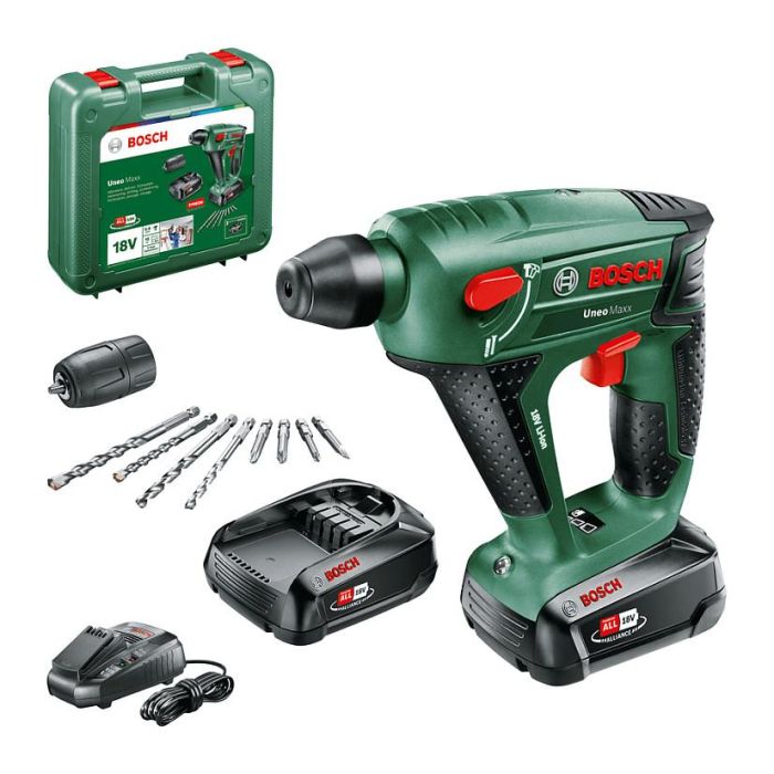 Bosch UNEO Maxx - Martillo percutor a batería 18V, portabrocas sin llave, 0.6 J, 5000 ppm, batería 2.5 Ah, incluye 4 brocas, negro/verde