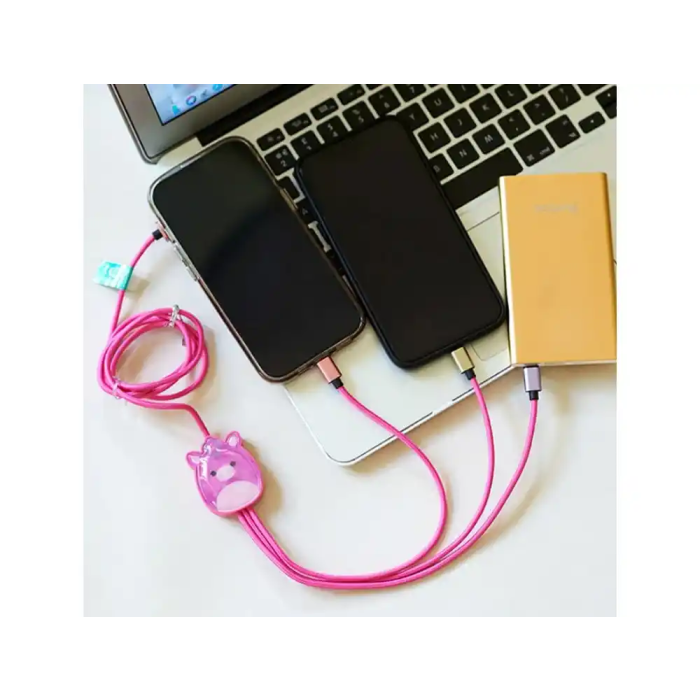 Wondee Cable de Carga 3 en 1 Squishmallows Lola La Unicornio Oficial 1.2 m - Micro USB, USB-C, Lightning para Apple, Samsung, Huawei