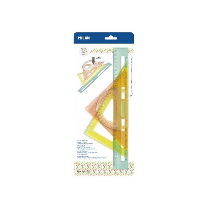 Milán Kit de reglas de trazado New Look, plástico rígido transparente, medidas en cm y pulgadas, 4 piezas