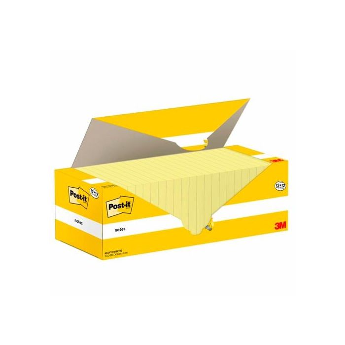 Post-It Bloc Notas Adhesivas 654 100H 76x76 Canary Yellow Pack 12 Ud + 12 Ud Gratis