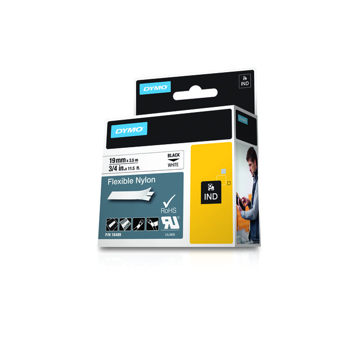 Dymo Rhino cinta de etiquetas industrial adhesiva id1-19, negro sobre blanco de 19mmx3´5 m, nylon flexible (s0718120) 1