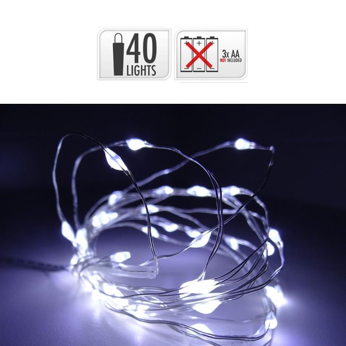 Guirnalda a pilas fija 40 leds cable alambre plateado luz blanco frio 2,20m 1