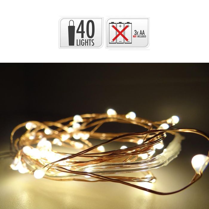 Guirnalda a pilas fija 40 leds cable alambre cobre luz blanco calido 2,20m 1