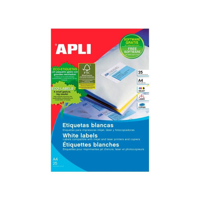 Etiqueta Adhesiva Apli 1215 Tamaño 210x297 mm Para Fotocopiadora Laser Ink-Jet Caja Con 25 Hojas Con 25 1