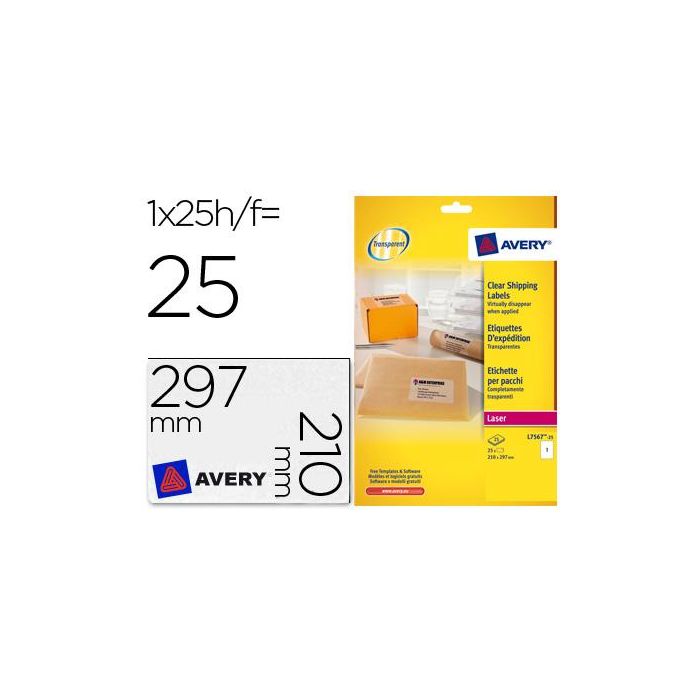 Etiqueta Adhesivas Resistente Avery Transparente 210x297 mm Caja De 25 Unidades