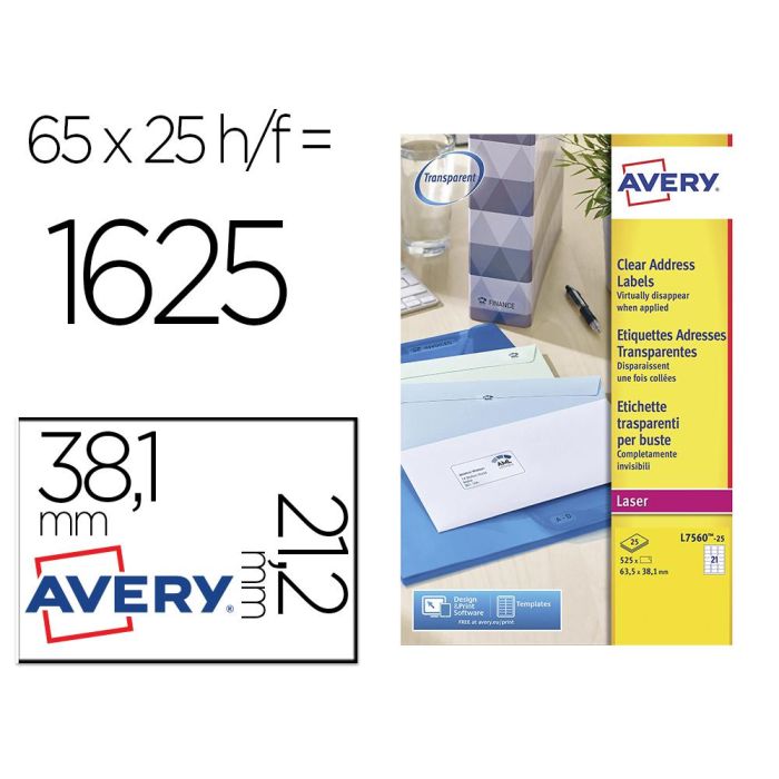 Etiqueta Adhesivas Resistente Avery Transparente 38,1x21,2 mm Caja De 1625 Unidades