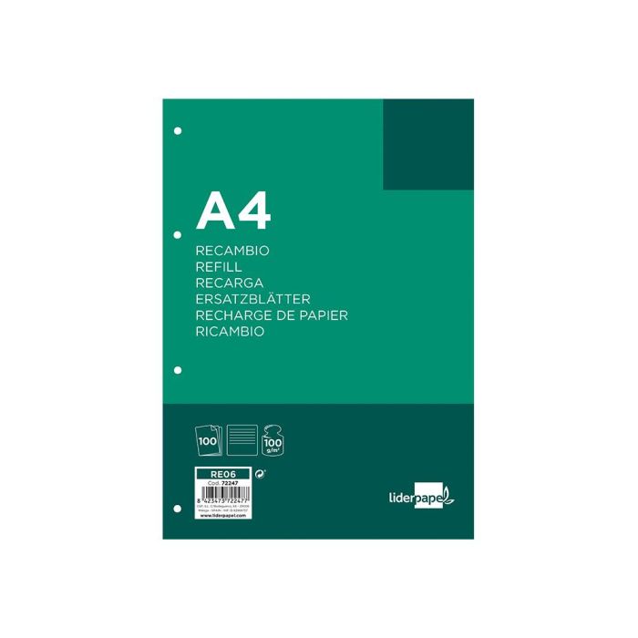 Recambio Liderpapel A4 100 Hojas 100 gr-M2 Rayado Horizontal 4 Taladros Bandas De 5 Colores 24 unidades 1